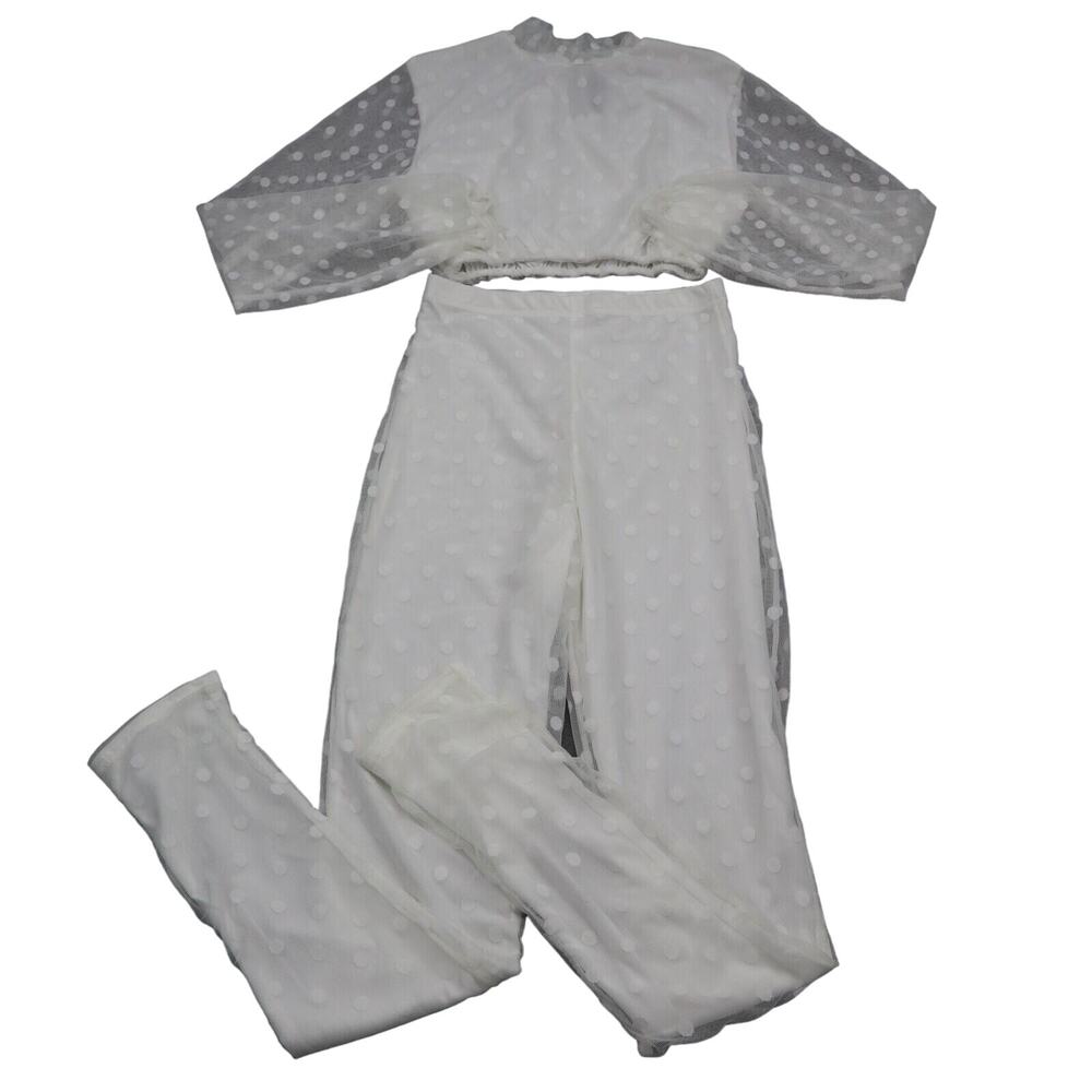 Stylewise 2 Piece Outfit Womens M White Mesh Long Sleeve Crop top Pull On Pants